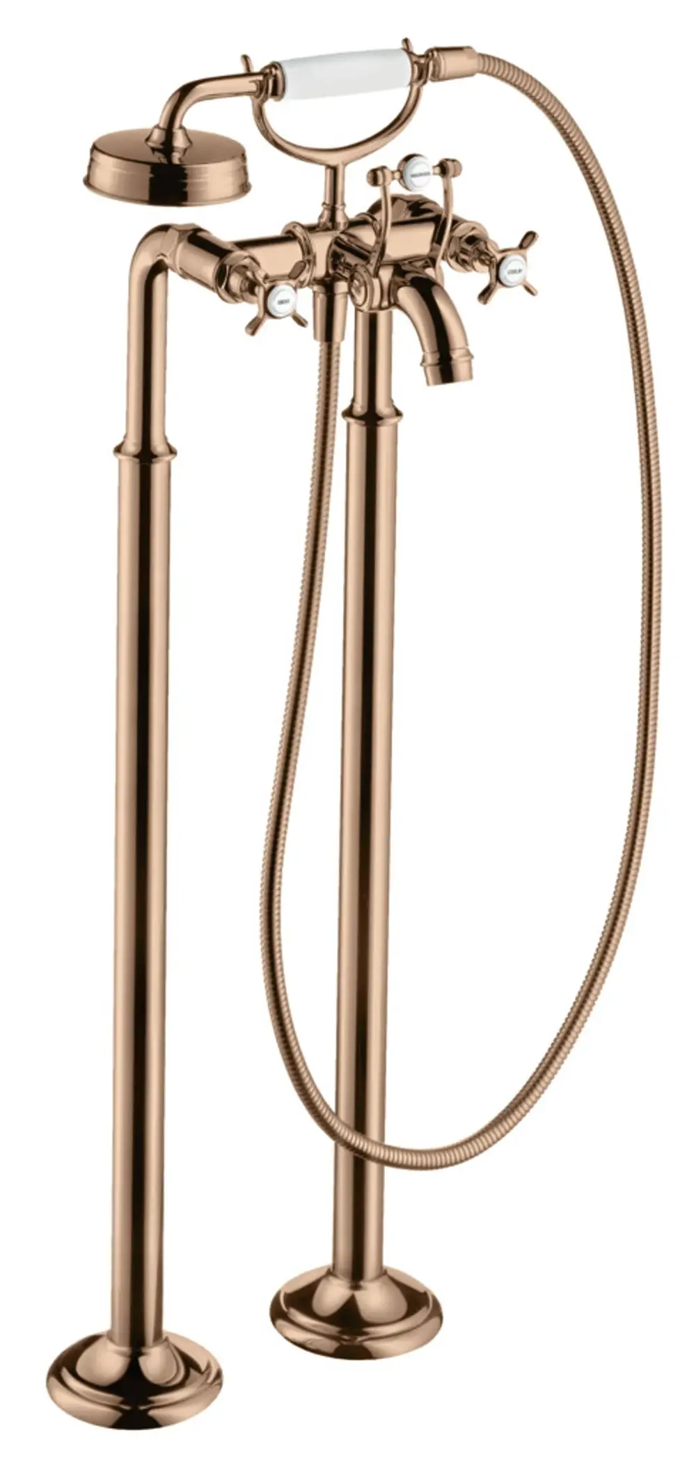 Bodenstehende Armatur mit zwei Griffen in Polished Red Gold von AXOR, ausgestattet mit einem Duschschlauch und Handbrause, für die Montage an der Badewanne.